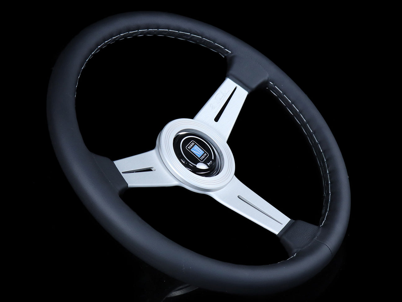 Nardi Classic 360mm Steering Wheel - Black Leather / Silver Spokes / Grey Stitch - Image 2