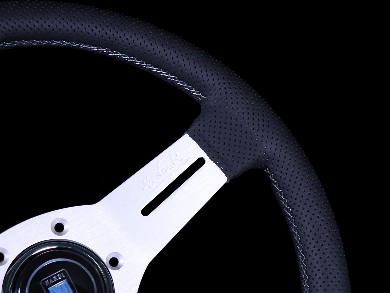 Nardi Competition 330mm Steering Wheel - Black Perforated Leather / Satin Silver Spokes / Grey Stitch - Image 4